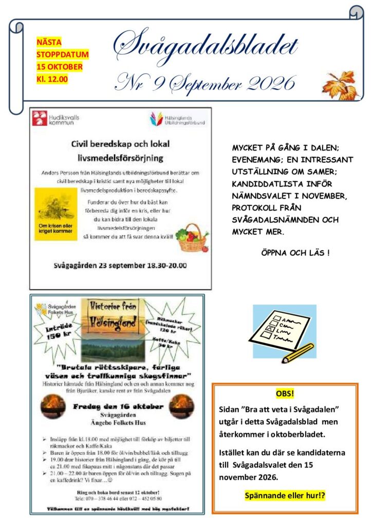 Första sidan av Svågadalsbladet september 2026 (PDF)